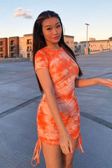 Orange Tie Dye Ruched Side Ribbed T-shirt Dress - Kamaiya-Dresses