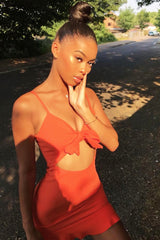 Orange Tie Front Ruffle Hem Mini Dress - Darianna-Dresses