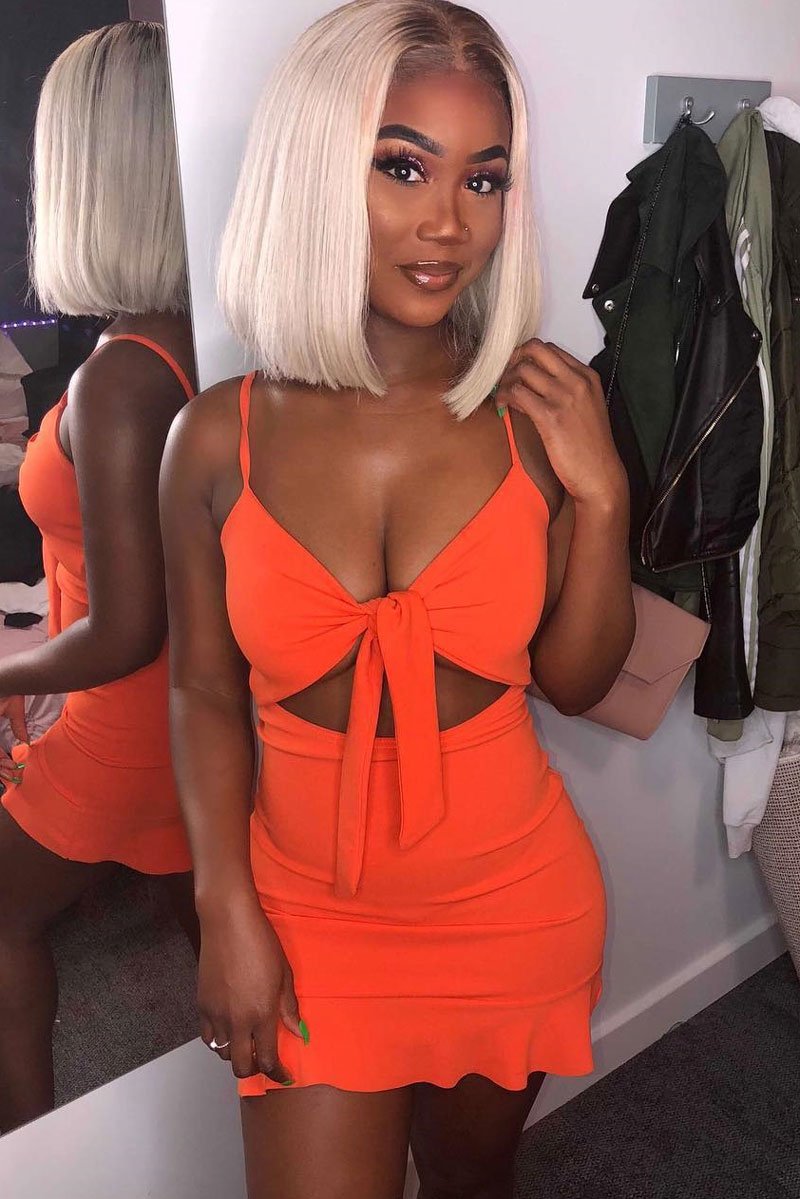 Orange Tie Front Ruffle Hem Mini Dress - Darianna-Dresses