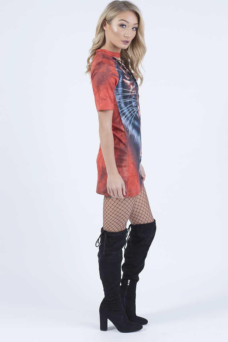 Orange Tiger Lace Up T-Shirt Dress - Brooke-Dresses