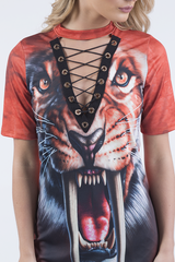 Orange Tiger Lace Up T-Shirt Dress - Brooke-Dresses