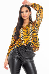 Orange Tiger Print Button Down Shirt - Katy-Shirts