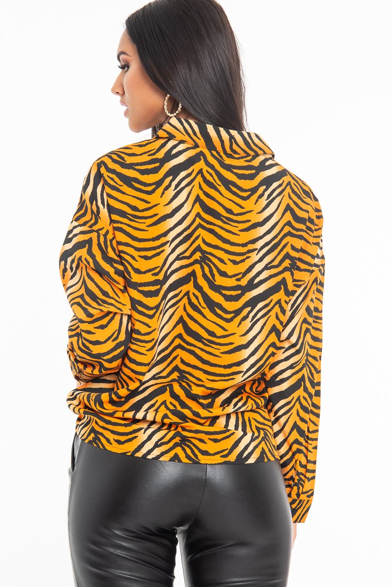 Orange Tiger Print Button Down Shirt - Katy-Shirts