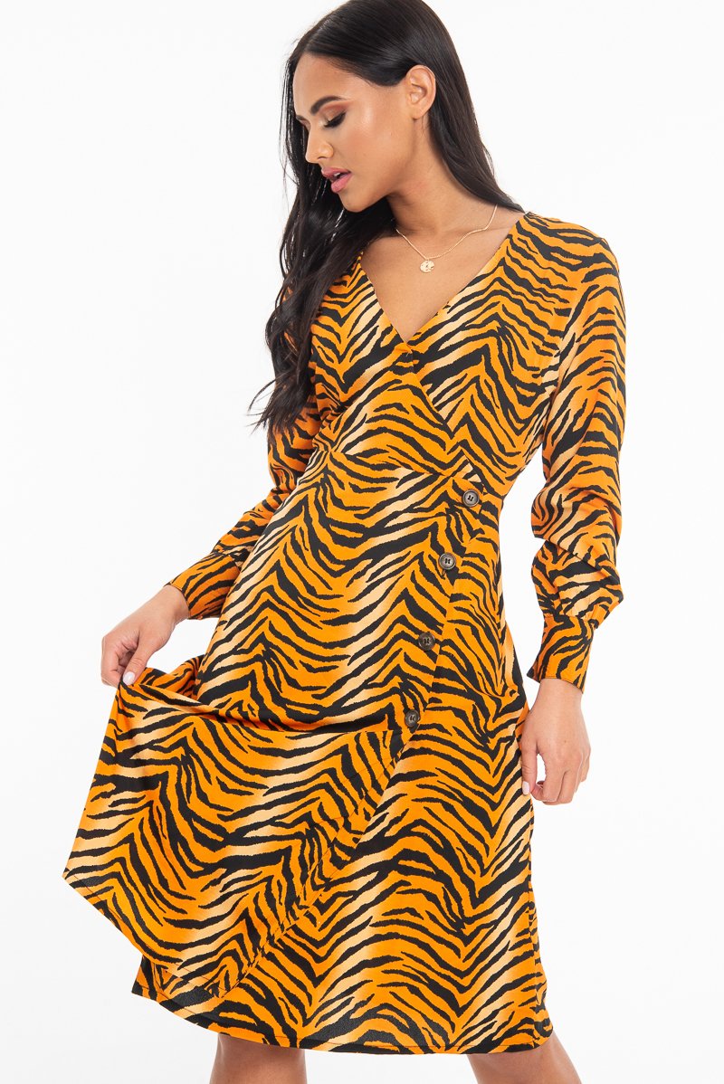 Orange Tiger Print Plunge Wrap Button Front Midi Dress - Bettie-Dresses