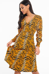 Orange Tiger Print Plunge Wrap Button Front Midi Dress - Bettie-Dresses