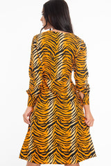Orange Tiger Print Plunge Wrap Button Front Midi Dress - Bettie-Dresses