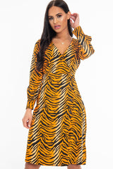 Orange Tiger Print Plunge Wrap Button Front Midi Dress - Bettie-Dresses