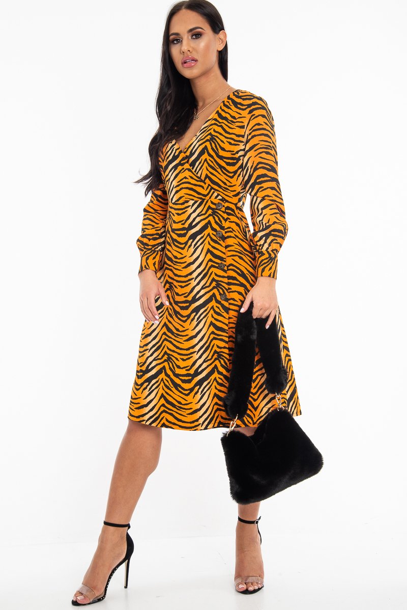 Orange Tiger Print Plunge Wrap Button Front Midi Dress - Bettie-Dresses