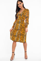 Orange Tiger Print Plunge Wrap Button Front Midi Dress - Bettie-Dresses