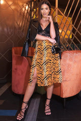 Orange Tiger Print Split Front Midi Skirt - Jayne-Skirts