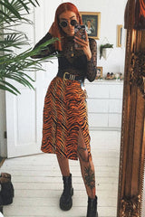 Orange Tiger Print Split Front Midi Skirt - Jayne-Skirts