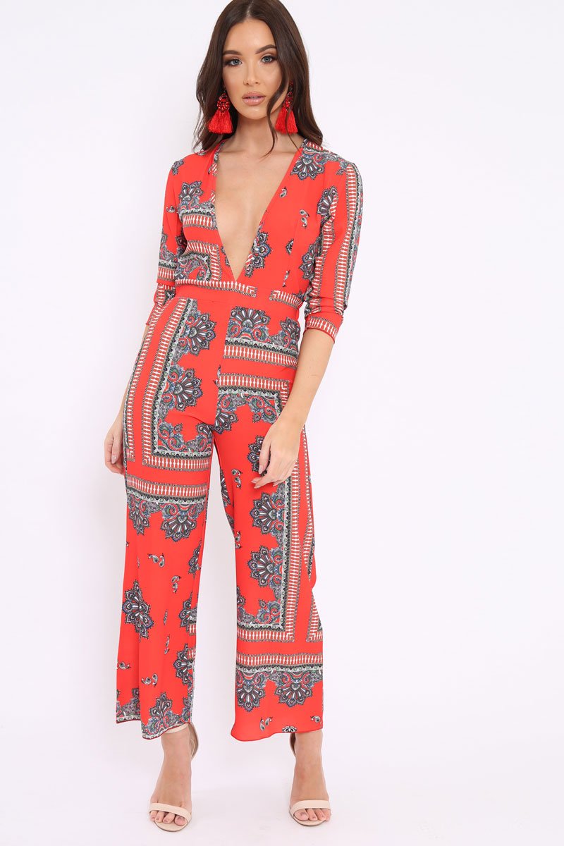 Orange V-Plunge Scarf Print Jumpsuit - Tyler-Jumpsuits