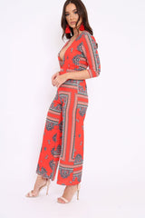 Orange V-Plunge Scarf Print Jumpsuit - Tyler-Jumpsuits