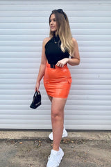 Orange Vinyl Zip Detail Utility Buckle Skirt - Davina-Skirts