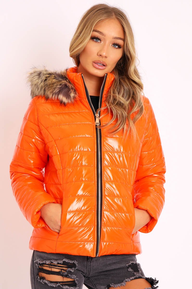 Orange Wet Look Puffer Coat - Soph-Coats