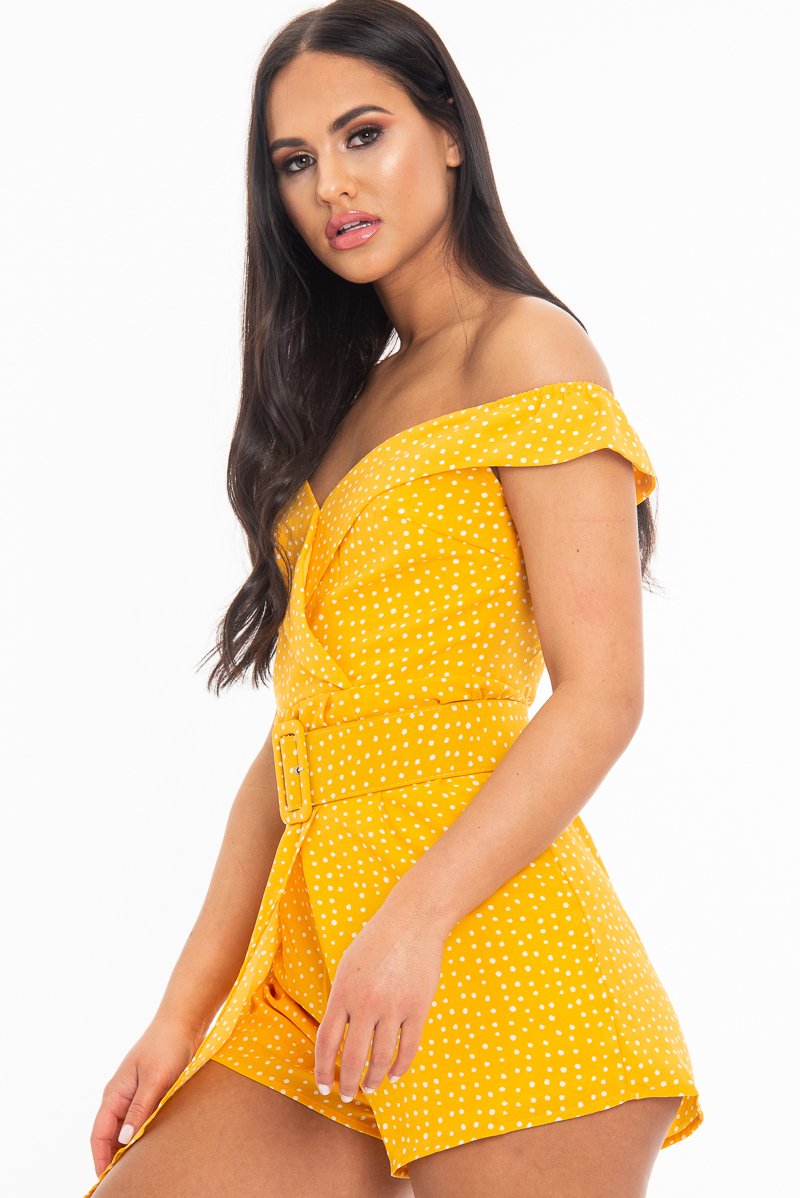 Orange White Polka Dot Belted Wrap Playsuit - Grace-Playsuits