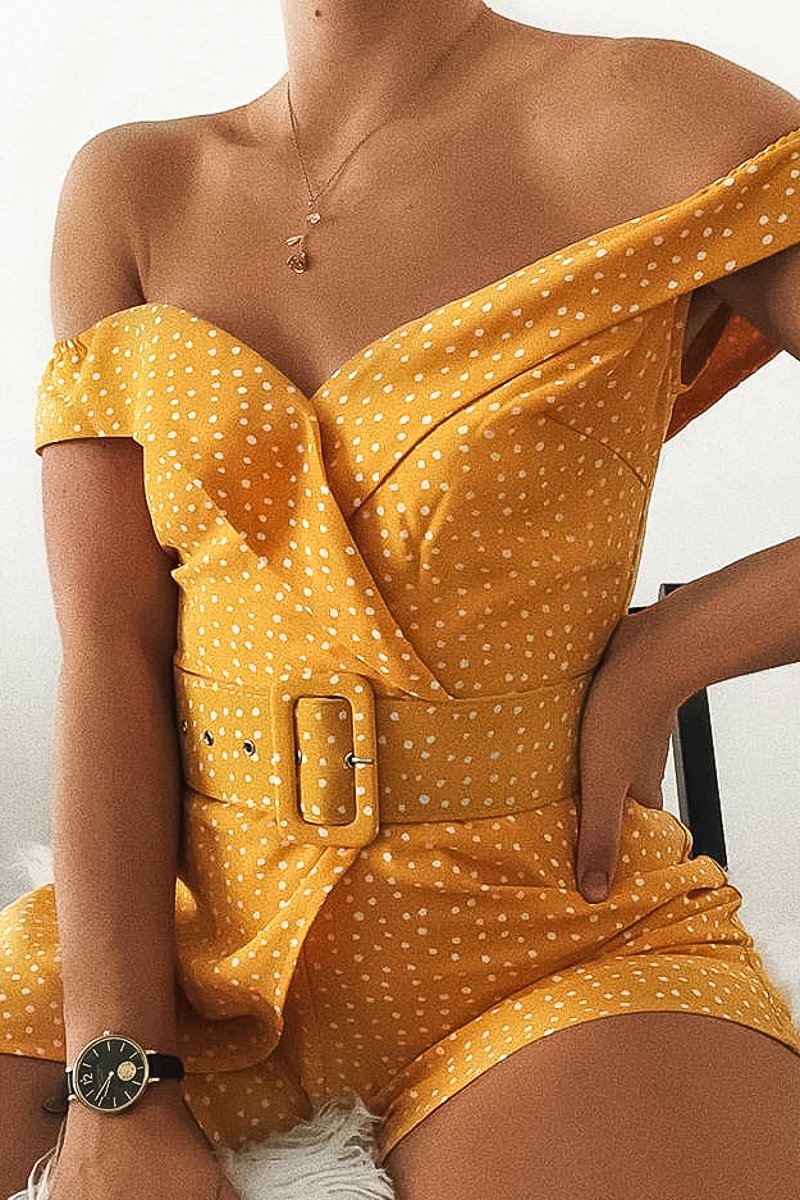 Orange White Polka Dot Belted Wrap Playsuit - Grace-Playsuits