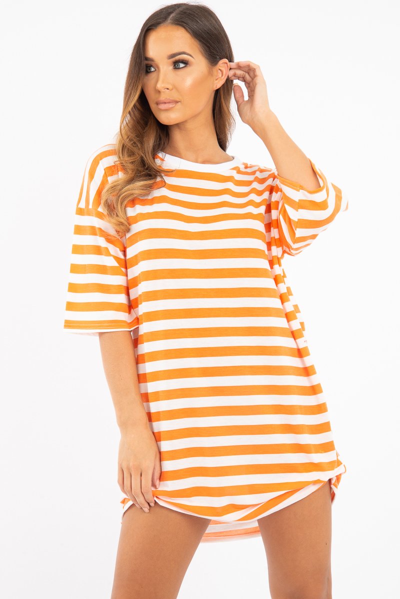 Orange White Striped Oversized T Shirt Dress - Lacie-Dresses