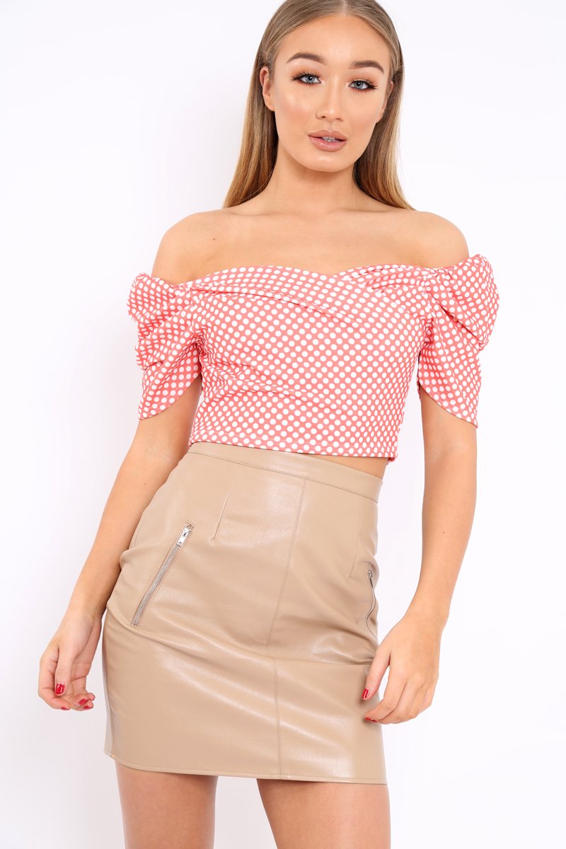 Orange Wrap Ruffle Polka Dot Crop Top - Lymona-Tops