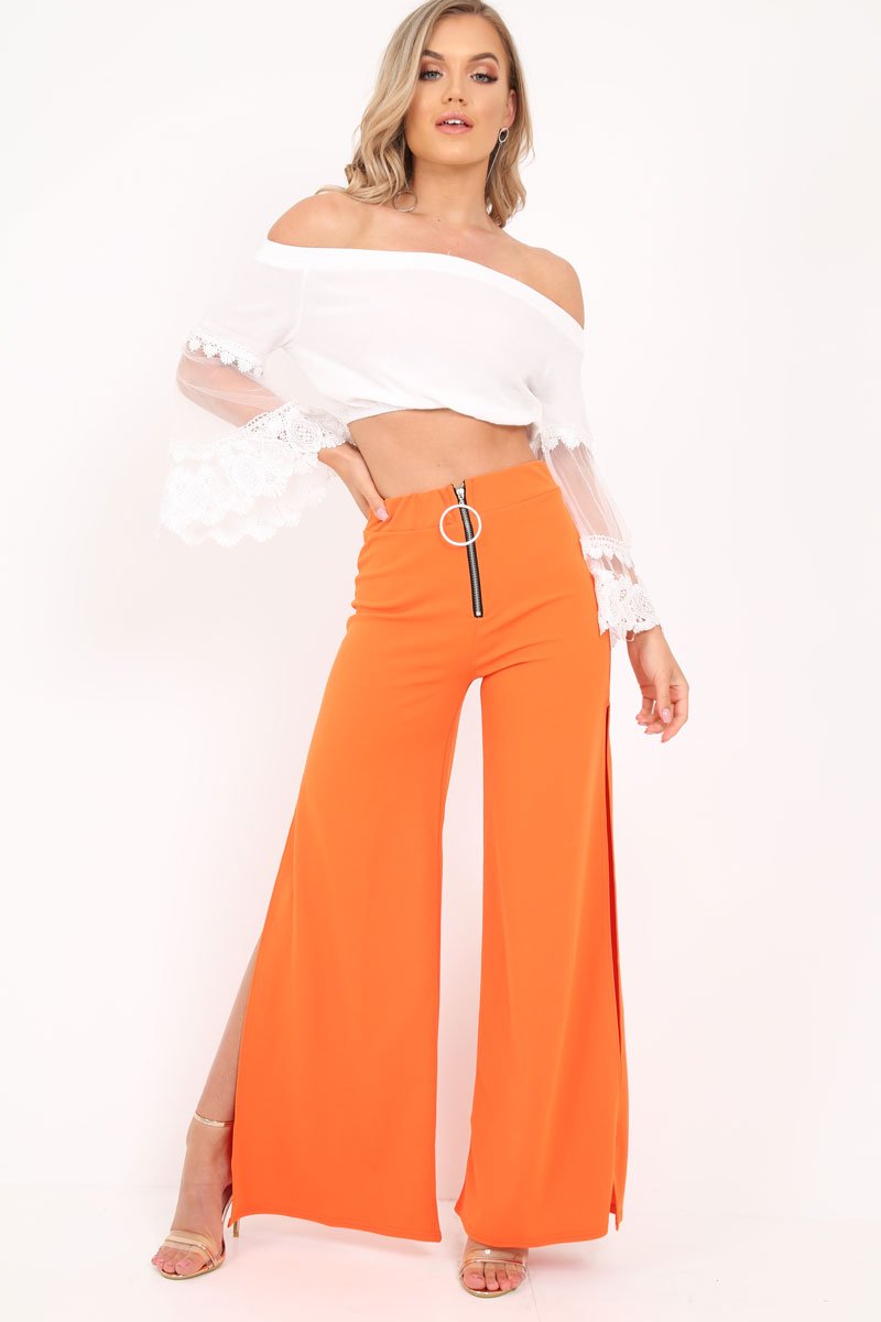 Orange Zip Front High Waisted Flare Trousers - Gerta-Trousers