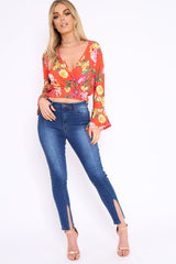 Orange and Pink Floral Plunge Gypsy Crop Top - Tiegan-Tops