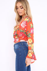 Orange and Pink Floral Plunge Gypsy Crop Top - Tiegan-Tops