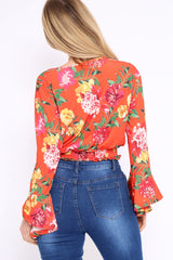 Orange and Pink Floral Plunge Gypsy Crop Top - Tiegan-Tops