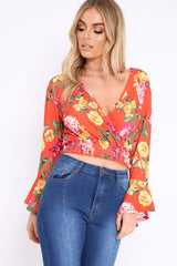 Orange and Pink Floral Plunge Gypsy Crop Top - Tiegan-Tops