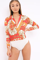 Orange and Red Scarf Print Plunge Bodysuit - Chrissy-Bodysuits
