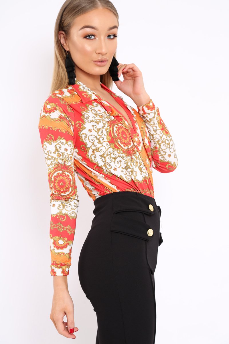 Orange and Red Scarf Print Plunge Bodysuit - Chrissy-Bodysuits