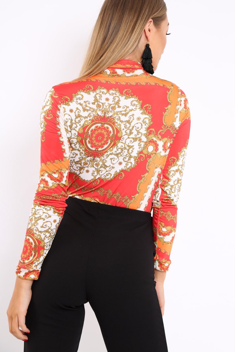 Orange and Red Scarf Print Plunge Bodysuit - Chrissy-Bodysuits