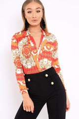 Orange and Red Scarf Print Plunge Bodysuit - Chrissy-Bodysuits