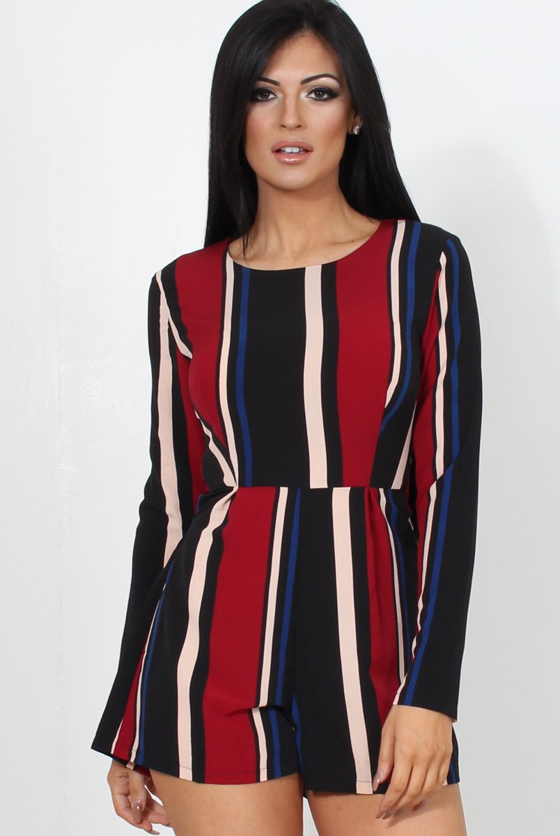 Orea Wine Striped Playsuit-Playsuits