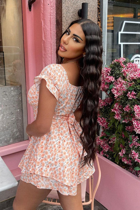 Orange Floral Print Frill Playsuit - Palmira