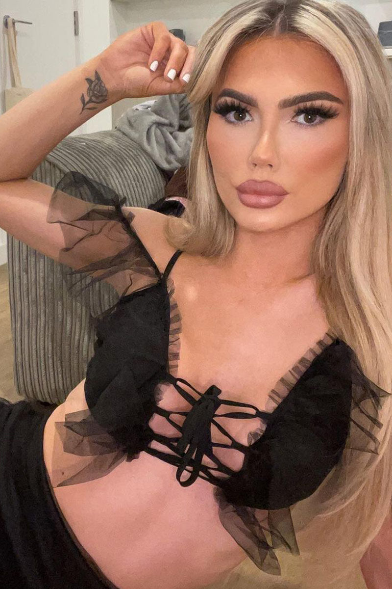 Black Mesh Frill Crop Top + Skirt Co-ord - Pansy