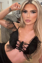 Black Mesh Frill Crop Top + Skirt Co-ord - Pansy