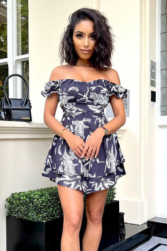 Black White Leaf Print Bardot Playsuit - Parisa