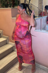 Multi Abstract Print One Shoulder Midi Dress - Pearl