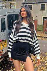 White Striped Chunky Knit Oversized Cardigan - Pedra