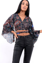 Paisley Wrap Tie Crop Blouse - Kay-Tops
