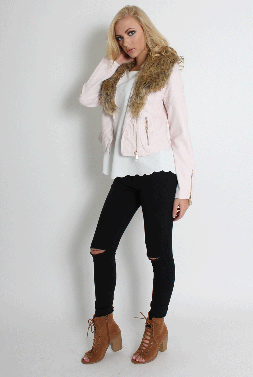 Paloma Faux Leather Pink/Black Fur Jacket-Jackets