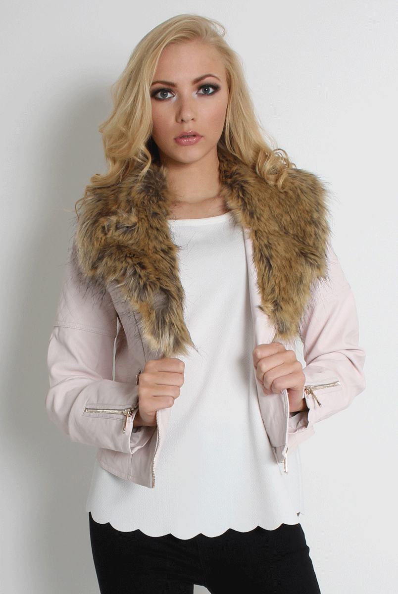 Paloma Faux Leather Pink/Black Fur Jacket-Jackets