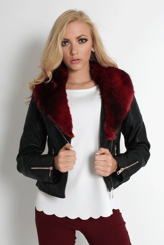 Paloma Faux Leather Red/Black Fur Jacket