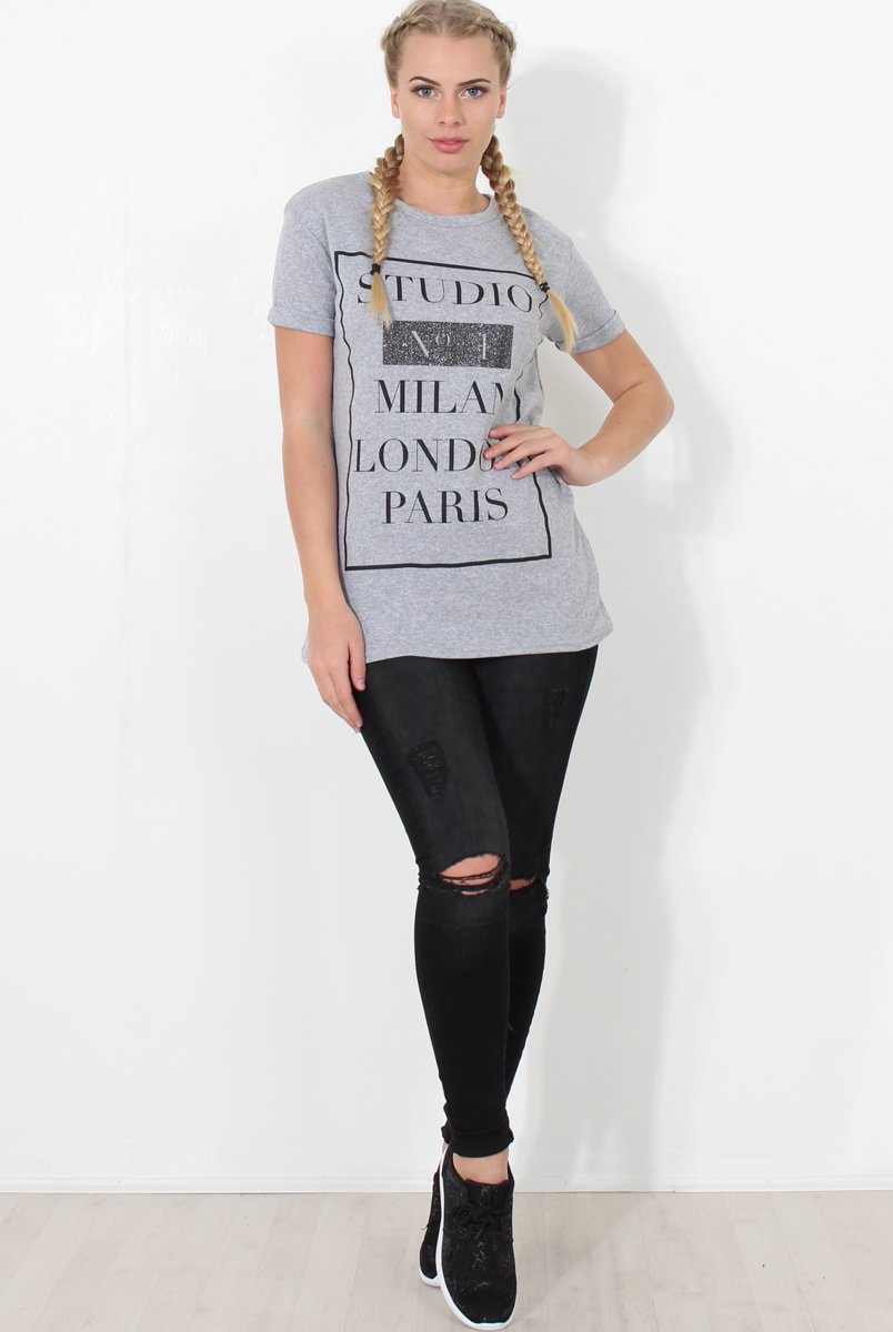 Paris Grey Slogan Top-Tops