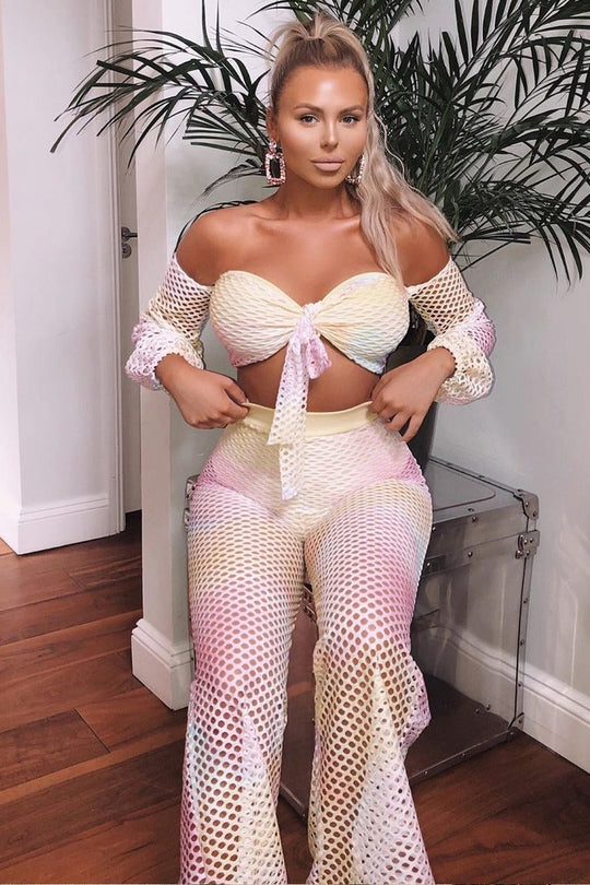 Pastel Fish Net Crop Tie Top and Trousers Co-ord - Misa