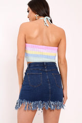 Pastel Striped Knitted Halterneck Crop Top - Palyn-Crop Tops