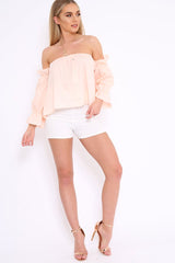 Peach Button Up Bardot Crop Top - LuLu-Crop Tops
