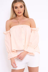 Peach Button Up Bardot Crop Top - LuLu-Crop Tops