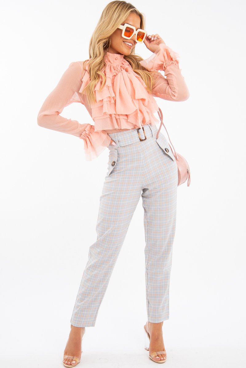 Peach Crepe Ruffle High Neck Shirt - Honey-Shirts