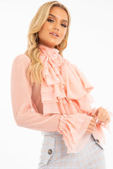 Peach Crepe Ruffle High Neck Shirt - Honey-Shirts